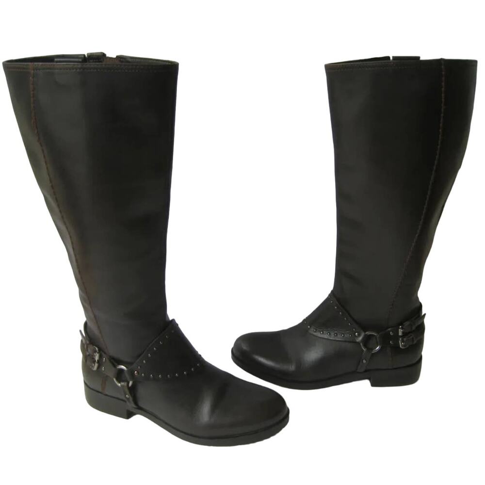 GEOX Repspira Alanis Dark Brown Black Leather Studded Riding Boots Shoes 39